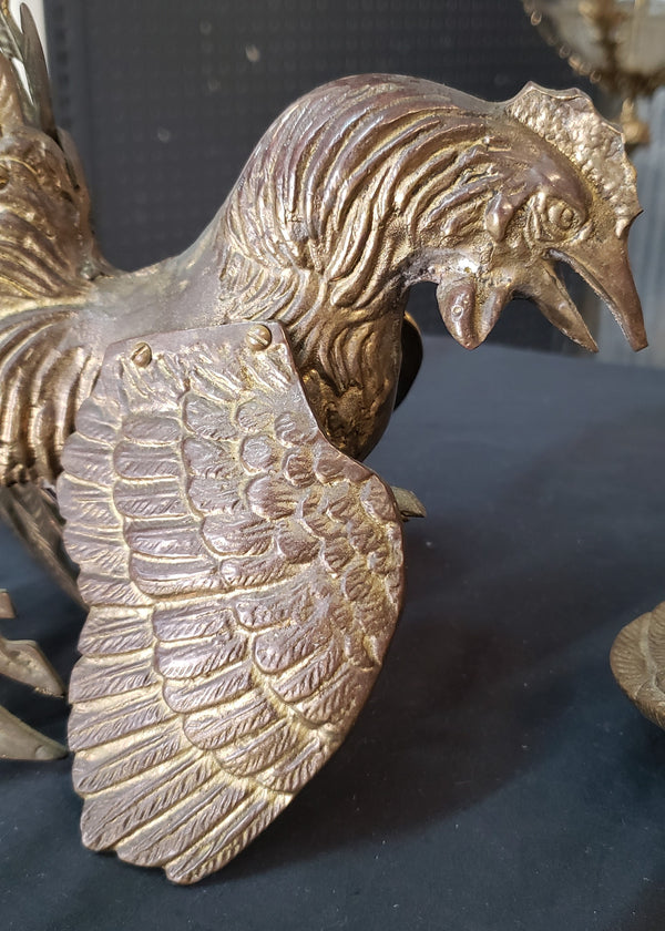 1940's Pair of Large Brass Fighting Roosters  10" x 9" &  9"x 9" GS00367