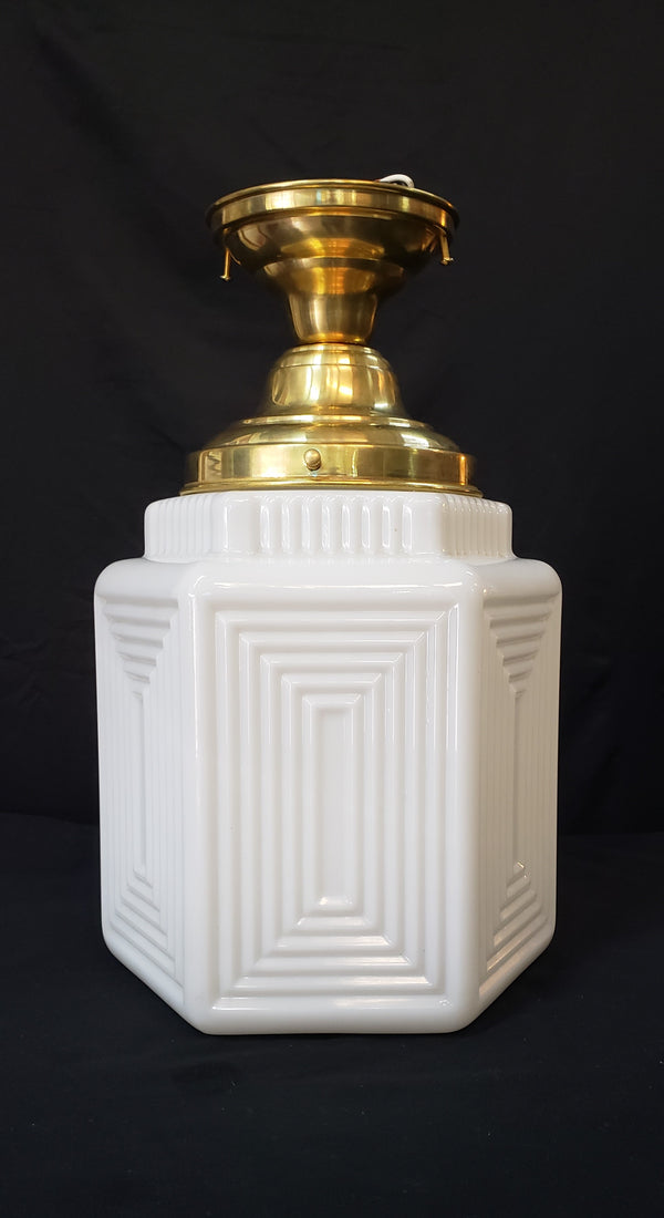 Art Deco Ceiling Mount White Glass & Brass Light Fixture #GA4071