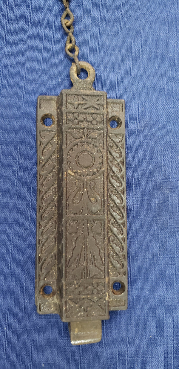 Cast Iron Victorian Eastlake French Door Bolt Lock with Chain & Keeper GS00382