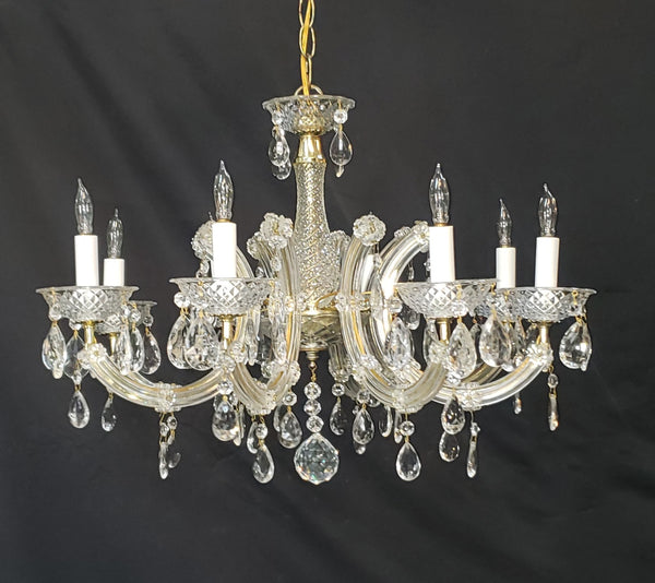 8 Light Chandelier with Canopy Top Brass Trim & Crystal Flower Prisms GS00426