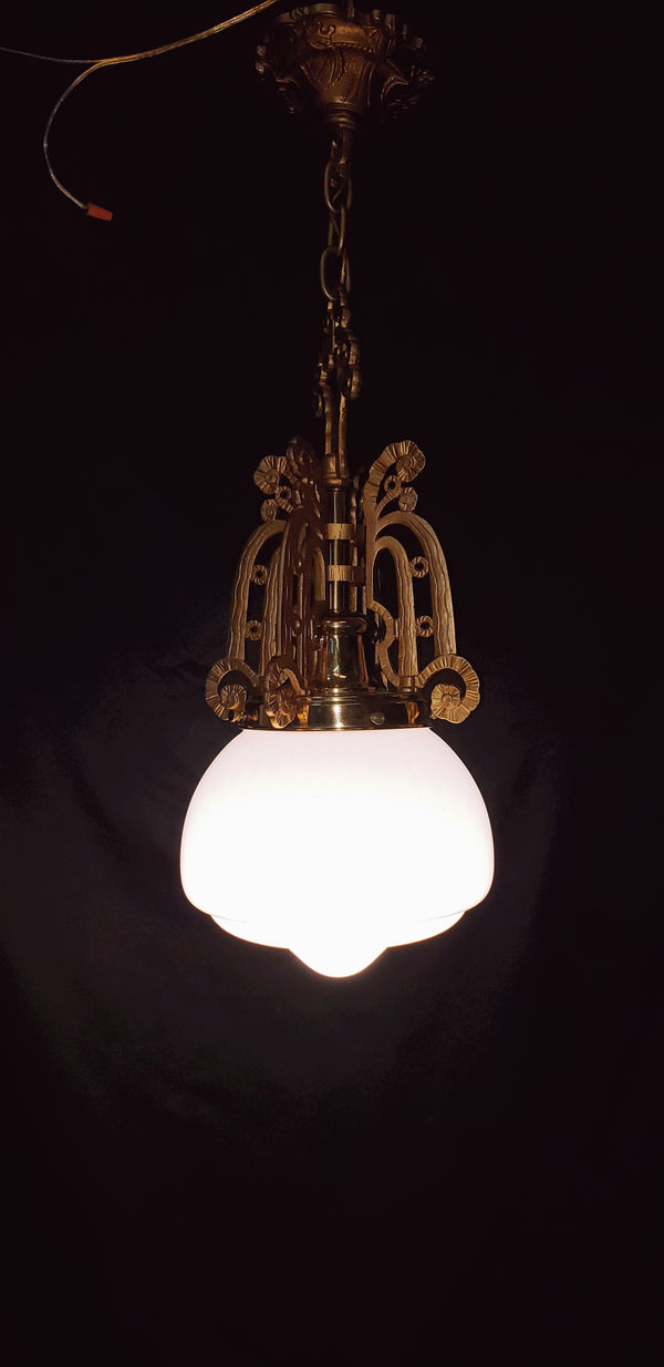 Art Nouveau Pendant Light Fixture w/ Textured Opaque Shade  28" T x 10" GS00445