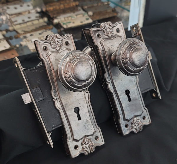 Pair of Restored Art Nouveau Mortice Lock Sets w/ Backplates & Knobs GS00483