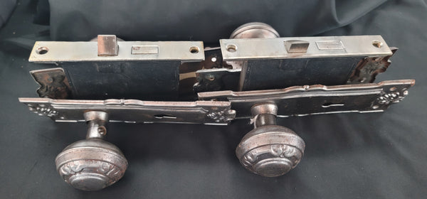 Pair of Restored Art Nouveau Mortice Lock Sets w/ Backplates & Knobs GS00483