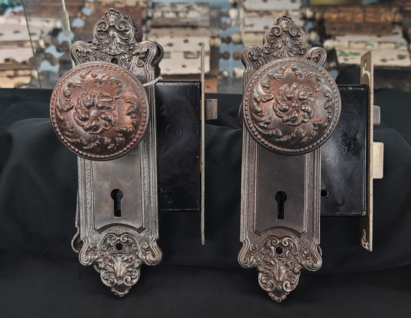 Pair of Restored Victorian Mortice Lock Sets w/ Backplates & Knobs GS00482