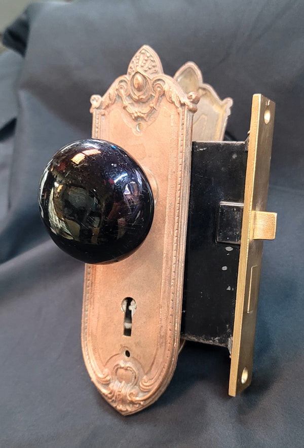 Restored Art Nouveau Mortice Lock Set w/ Backplates & Knobs GS00495