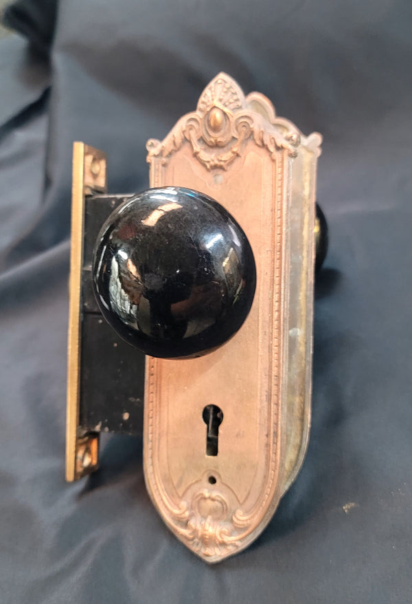 Restored Art Nouveau Mortice Lock Set w/ Backplates & Knobs GS00495
