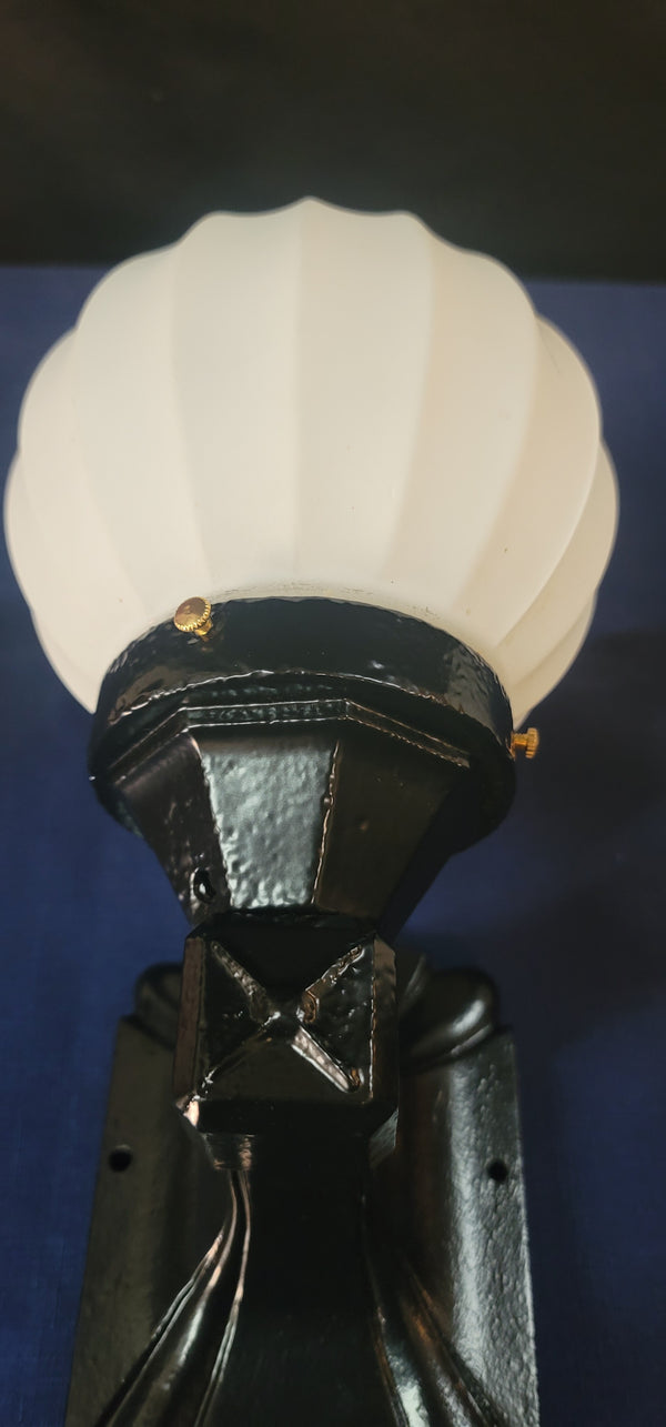 Pair of Restored Art Deco Cast Iron Sconces w/ 6" Ribbed White Globes GS00500
