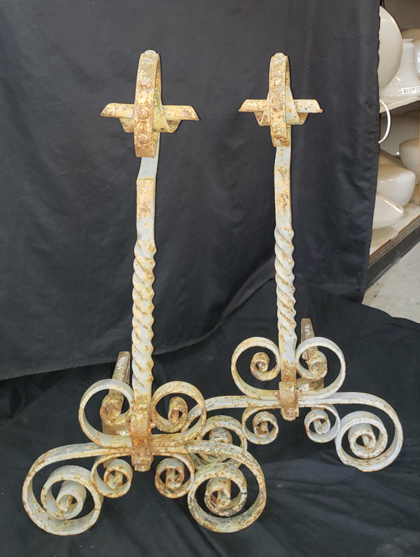 Vintage Pair of Ornate Wrought Iron Andirons 31" T x 25" D x 15 1/2" W GS00830