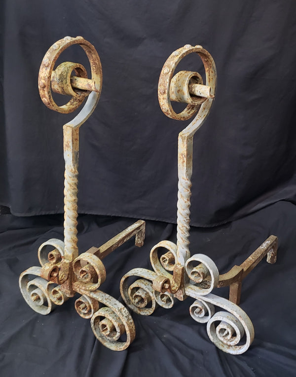 Vintage Pair of Ornate Wrought Iron Andirons 31" T x 25" D x 15 1/2" W GS00830