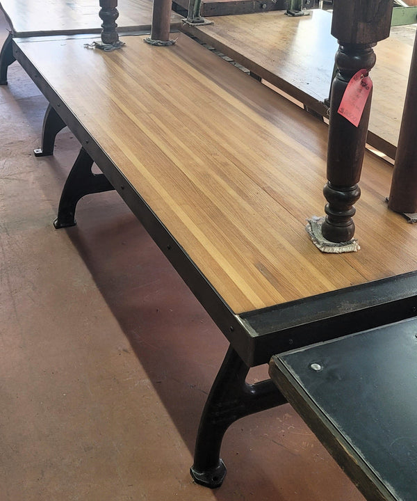 Reclaimed Bowling Alley Table w/ Industrial Cast Iron Base 86 1/2" x 30" GS00834