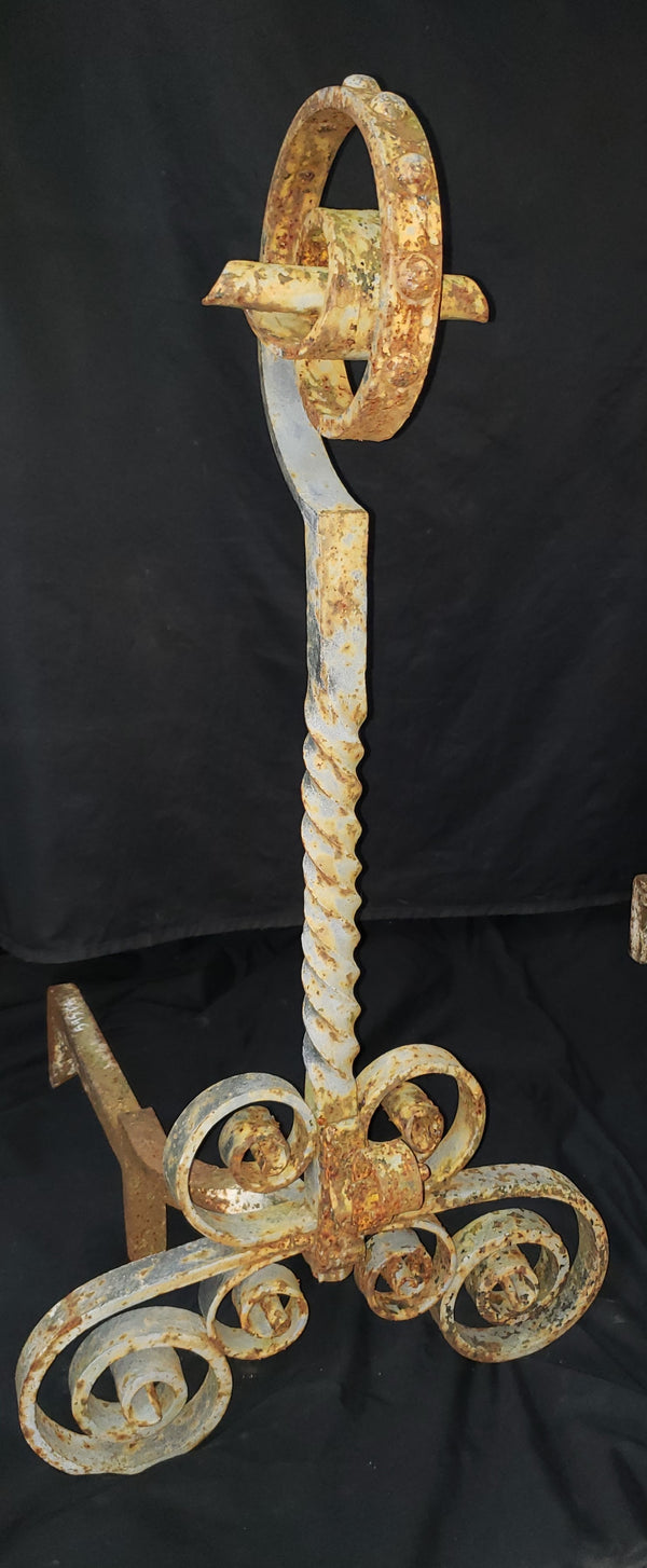 Vintage Pair of Ornate Wrought Iron Andirons 31" T x 25" D x 15 1/2" W GS00830