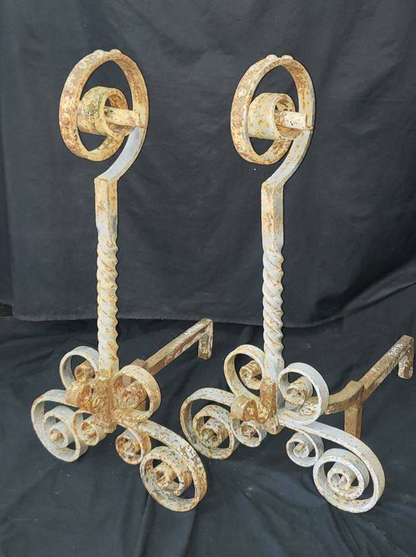 Vintage Pair of Ornate Wrought Iron Andirons 31" T x 25" D x 15 1/2" W GS00830