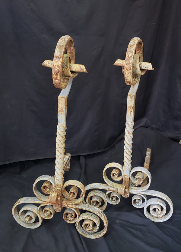 Vintage Pair of Ornate Wrought Iron Andirons 31" T x 25" D x 15 1/2" W GS00830