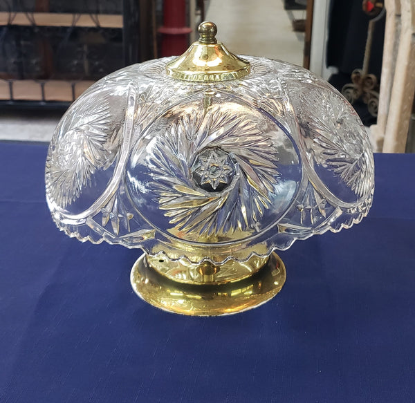 Vintage Crystal Clear Leaded Glass & Brass Flush Mount Ceiling Light 12" GS00831