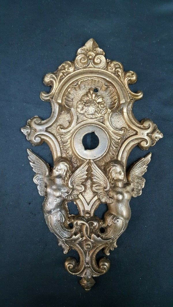 Large Art Nouveau Bronze Double Angel Door Knob Backplate 9 3/4" x 5 1/2 GS00735