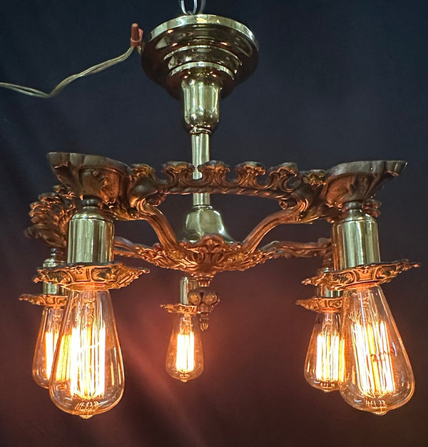 Restored Art Nouveau Brass 5-Light Chandelier GA20363