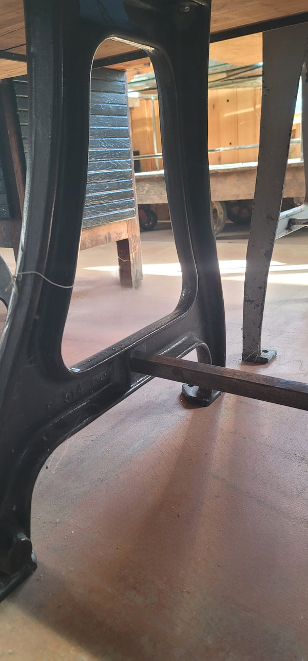 Reclaimed Bowling Alley Table w/ Industrial Cast Iron Base 86 1/2" x 30" GS00834