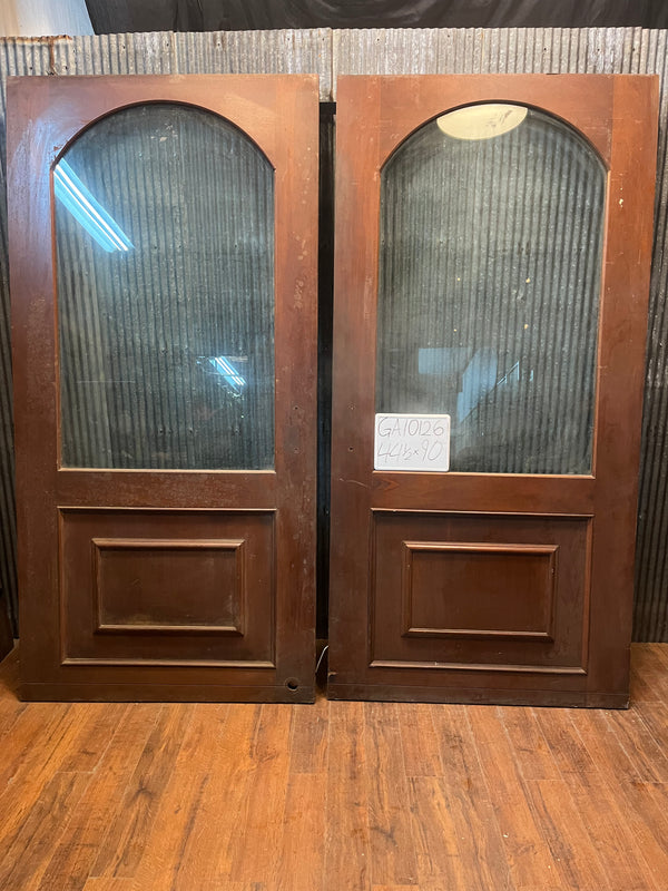 Beautiful Arched Glass & Mahogany Door Pair 89 x 90" GA10126