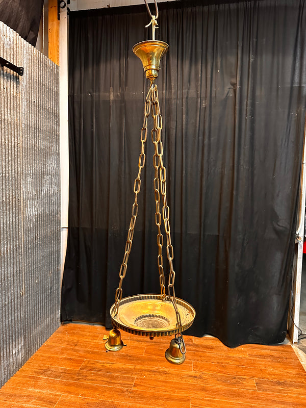ART DECO BRASS 3-LIGHT PAN-STYLE TALL HANGING FIXTURE GA10004