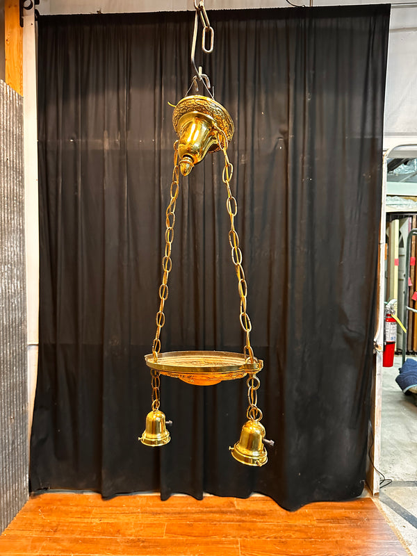 ART DECO BRASS TWO-LIGHT PAN-STYLE HANGING LIGHT FIXTURE GA10011