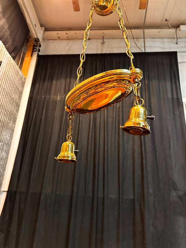 ART DECO BRASS TWO-LIGHT PAN-STYLE HANGING LIGHT FIXTURE GA10011