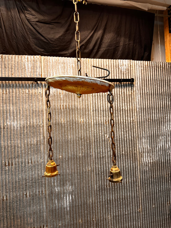 ART DECO BRASS TWO-LIGHT PAN-STYLE HANGING LIGHT FIXTURE GA10012
