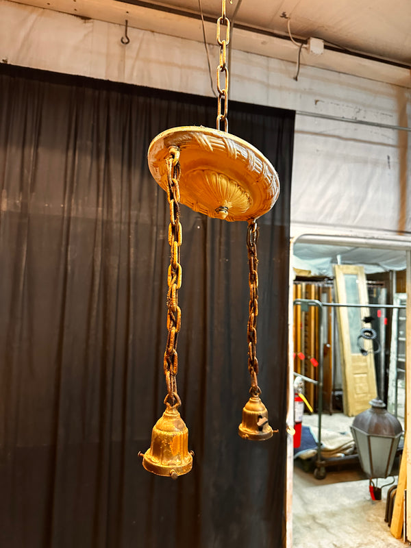 ART DECO BRASS TWO-LIGHT PAN-STYLE HANGING LIGHT FIXTURE GA10012