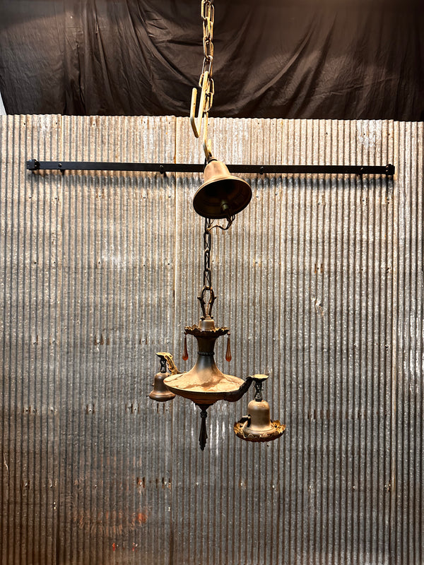 ART DECO BRASS DOUBLE-ARMED PAN-STYLE HANGING LIGHT FIXTURE GA10017