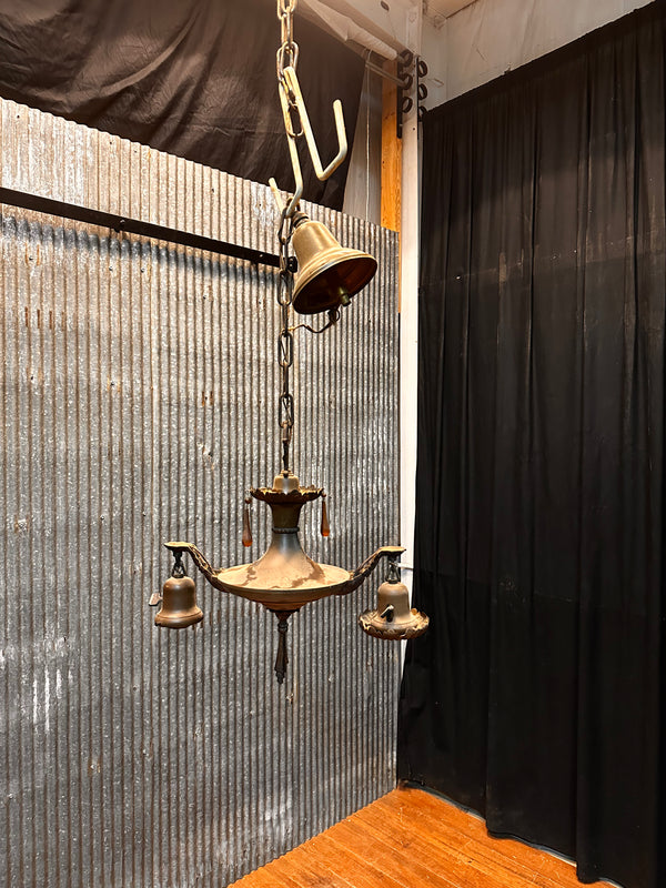 ART DECO BRASS DOUBLE-ARMED PAN-STYLE HANGING LIGHT FIXTURE GA10017