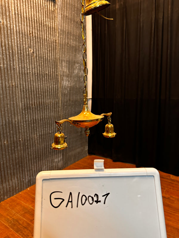 ART DECO BRASS DOUBLE-ARMED PAN-STYLE HANGING LIGHT FIXTURE GA10027