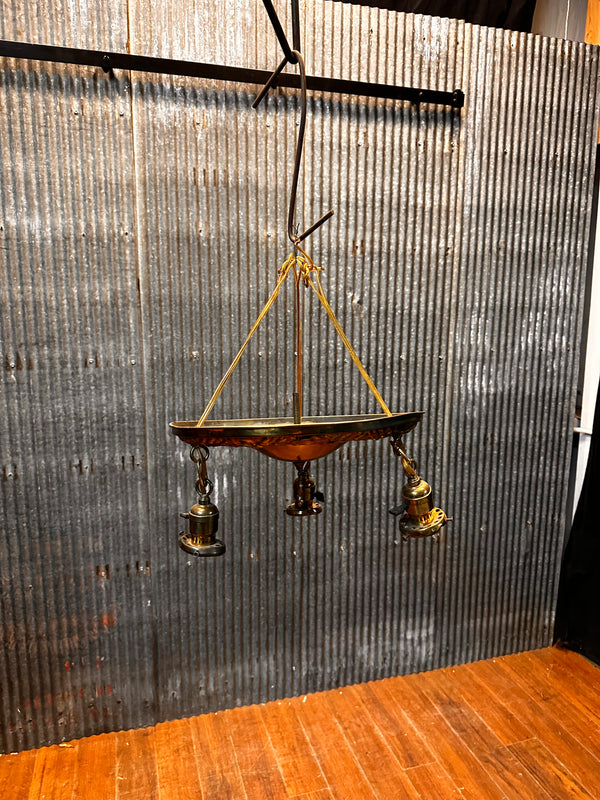 ART DECO BRASS TRIPLE-LIGHT PAN-STYLE FLUSH-MOUNT FIXTURE GA10031