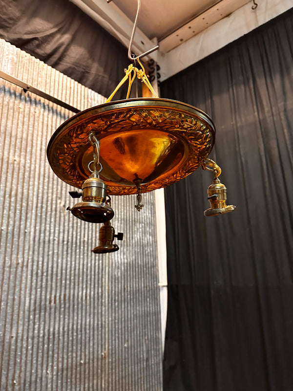 ART DECO BRASS TRIPLE-LIGHT PAN-STYLE FLUSH-MOUNT FIXTURE GA10031