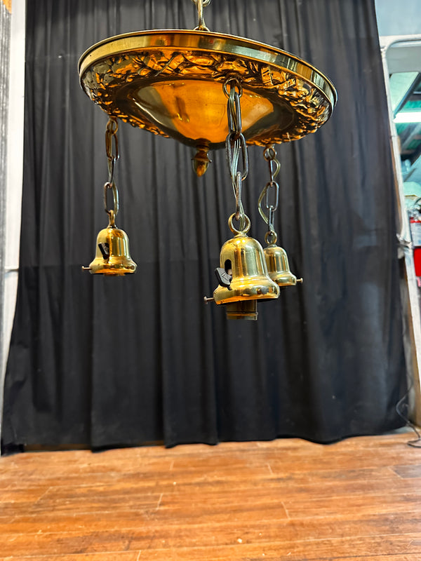 ART DECO BRASS TRIPLE-LIGHT HANGING PAN-STYLE FIXTURE GA10033