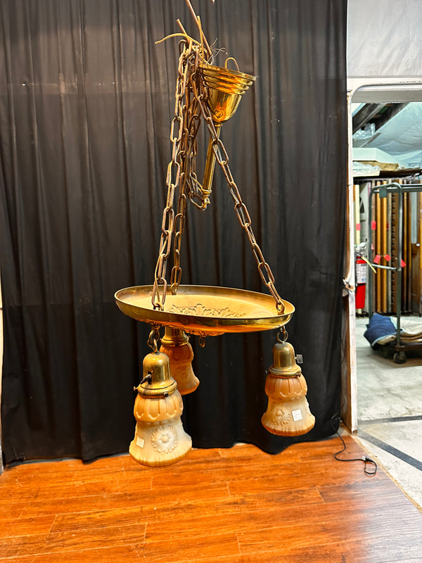 ART DECO BRASS TRIPLE-LIGHT PAN-STYLE HANGING FIXTURE (SHADES INCLUDED) GA10034