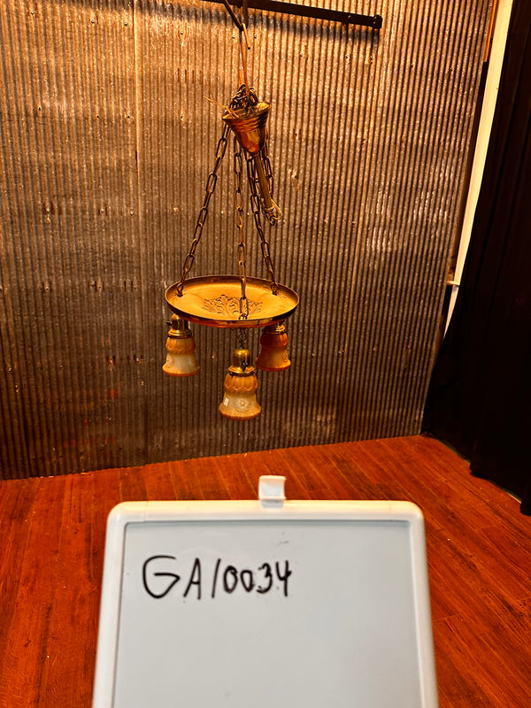 ART DECO BRASS TRIPLE-LIGHT PAN-STYLE HANGING FIXTURE (SHADES INCLUDED) GA10034