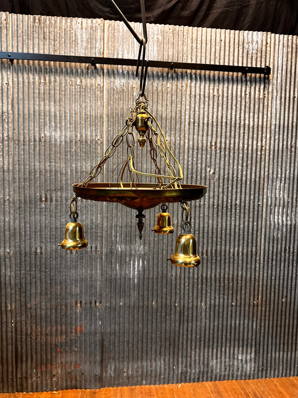 ART DECO BRASS TRIPLE-LIGHT PAN-STYLE HANGING FIXTURE GA10042