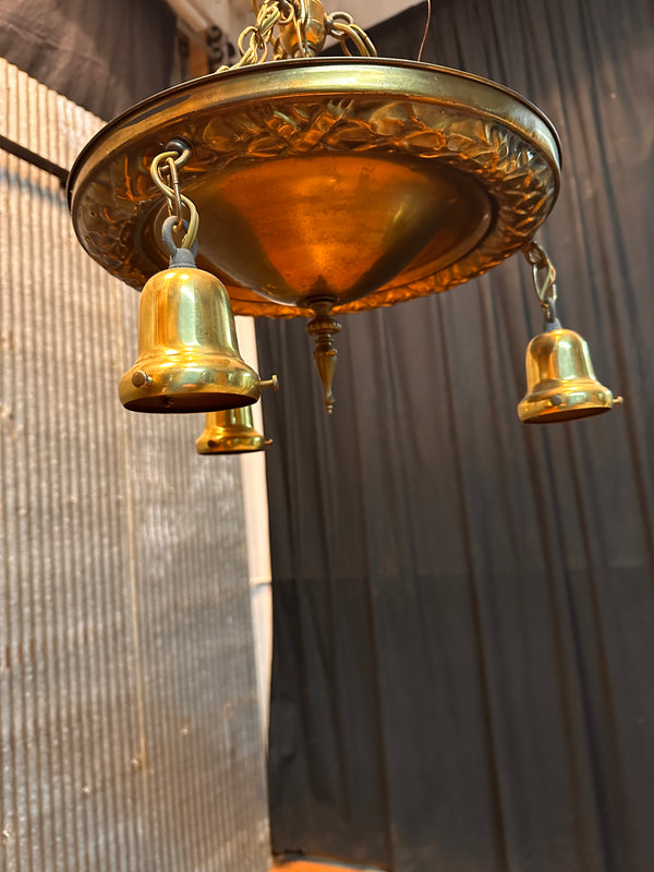 ART DECO BRASS TRIPLE-LIGHT PAN-STYLE HANGING FIXTURE GA10042