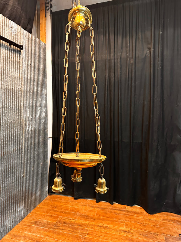 ART DECO BRASS TRIPLE-LIGHT PAN-STYLE HANGING FIXTURE GA10045