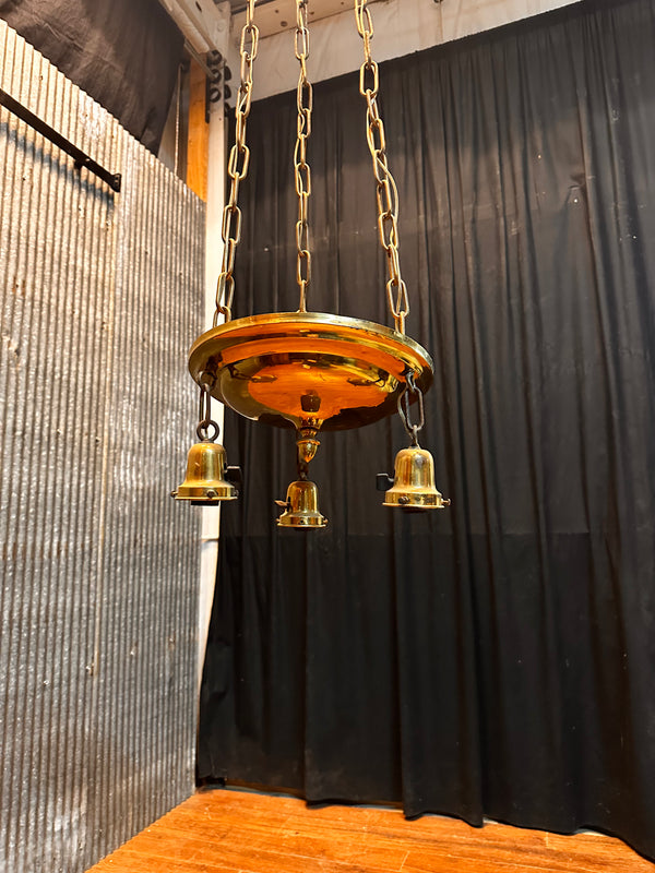 ART DECO BRASS TRIPLE-LIGHT PAN-STYLE HANGING FIXTURE GA10045