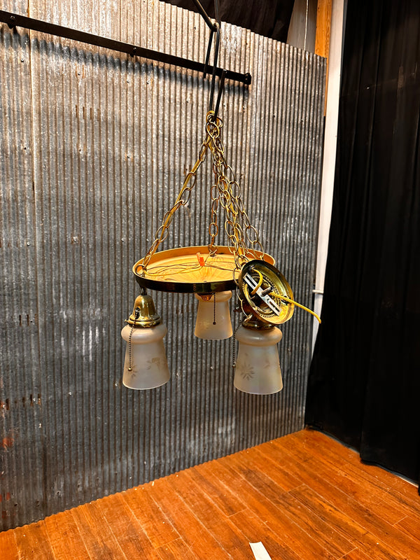 ART DECO BRASS THREE-LIGHT HANGING PAN-STYLE FIXTURE (SHADES INCLUDED) GA10056