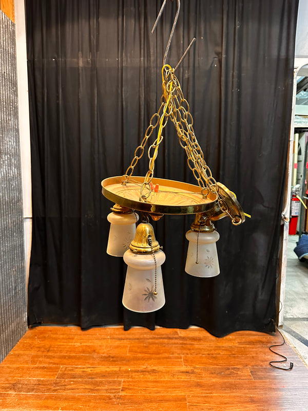ART DECO BRASS THREE-LIGHT HANGING PAN-STYLE FIXTURE (SHADES INCLUDED) GA10056