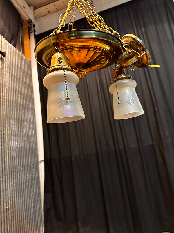 ART DECO BRASS THREE-LIGHT HANGING PAN-STYLE FIXTURE (SHADES INCLUDED) GA10056