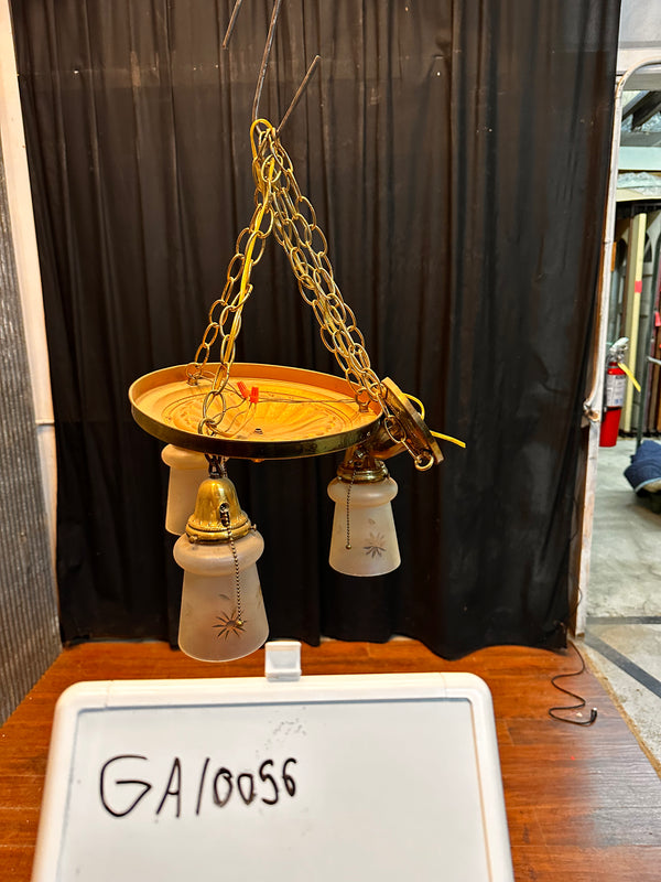 ART DECO BRASS THREE-LIGHT HANGING PAN-STYLE FIXTURE (SHADES INCLUDED) GA10056