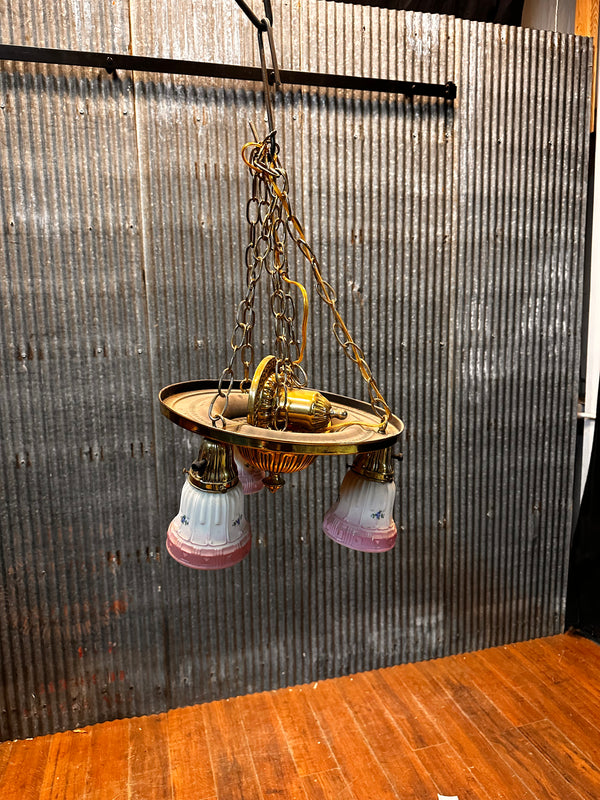 ART DECO BRASS TRIPLE-LIGHT PAN-STYLE HANGING FIXTURE WITH HAND PAINTED SHADES GA10059