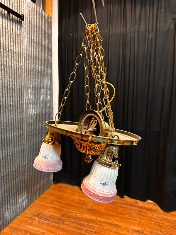 ART DECO BRASS TRIPLE-LIGHT PAN-STYLE HANGING FIXTURE WITH HAND PAINTED SHADES GA10059
