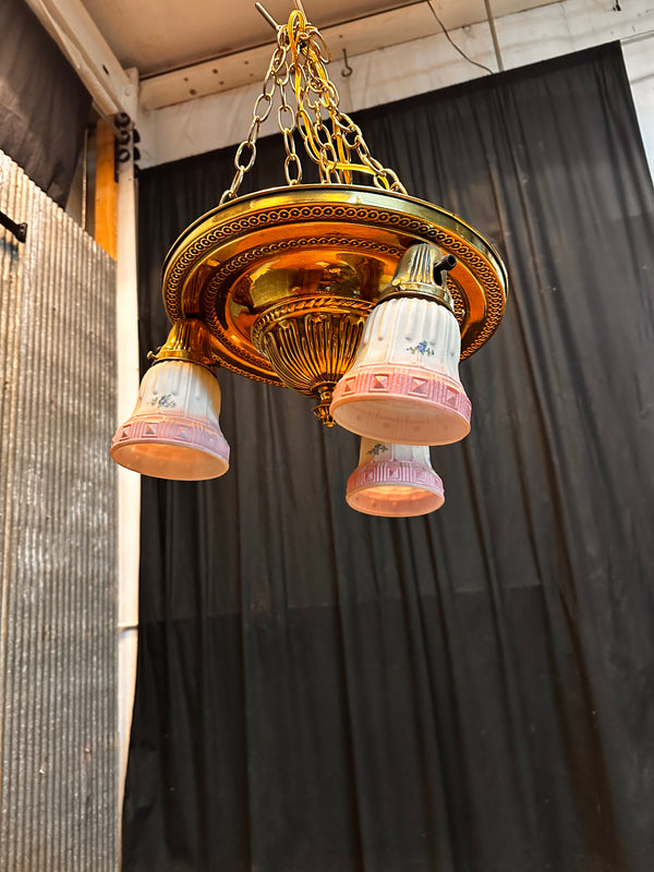 ART DECO BRASS TRIPLE-LIGHT PAN-STYLE HANGING FIXTURE WITH HAND PAINTED SHADES GA10059