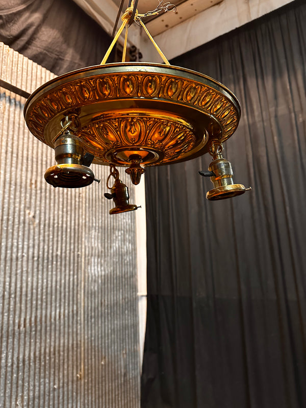 ART DECO BRASS TRIPLE-LIGHT PAN-STYLE FLUSH MOUNT FIXTURE GA10060