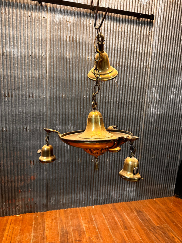 ART DECO BRASS TRIPLE-ARM HANGING PAN-STYLE LIGHT FIXTURE GA10065