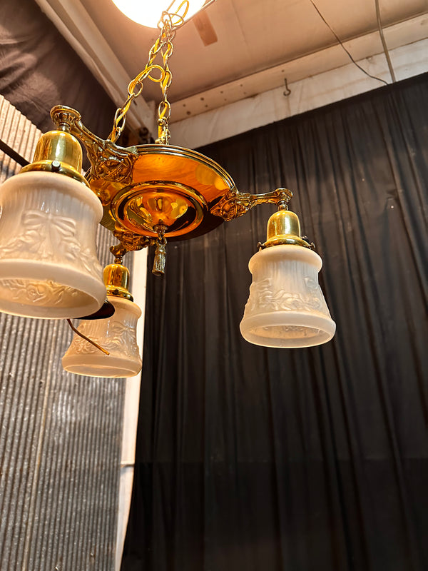 ART DECO BRASS TRIPLE-ARM PAN-STYLE LIGHT FIXTURE GA10069