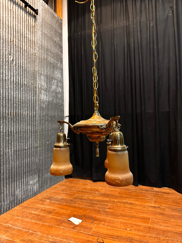 ART DECO BRASS TRIPLE-ARM PAN-STYLE LIGHT FIXTURE (SHADES INCLUDED) GA10071
